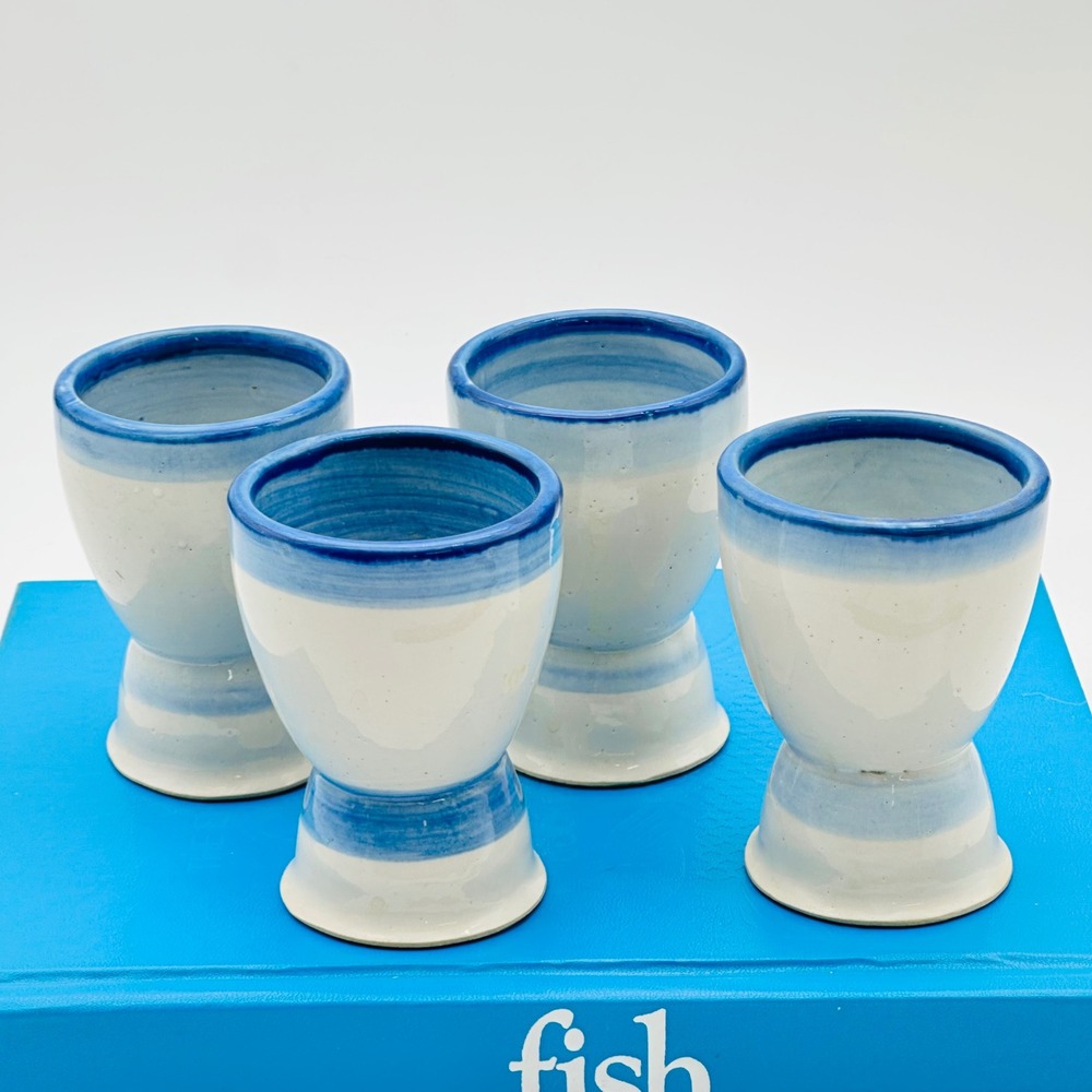 M.A. Hadley Vintage Blue White Stoneware Egg Cups Set of 4 Hand Painted